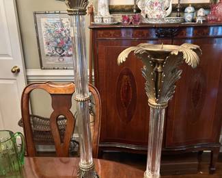 Large, glass and brass candleholders