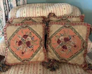 Needlepoint pillows, chaise lounge