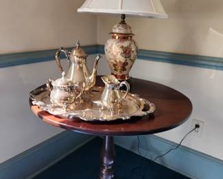 Silver Plated Tea Set, Antique Queen Anne Table, Chinoiserie Lamp