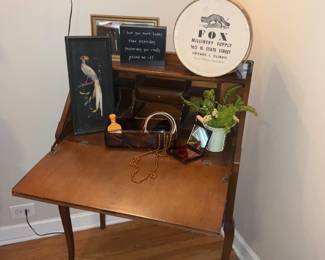 Vintage, Drop leave Desk, Hat Box, Feather Bird Art 
