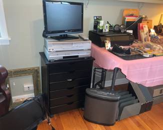 Office Supplies,  Computer Monitors, Paper Shredder,  VHS, DVD players , organizer cabinet 