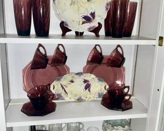 Vintage Purple, Glassware, Dishes, Service for 8.  Hazel Atlas Amethyst Moroccan Octagon Purple Glass Dish Set.   RS Prussia Plates