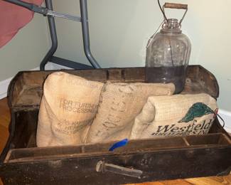 Antique, Tool Box, Vintage grain sacks, Vintage bottle 