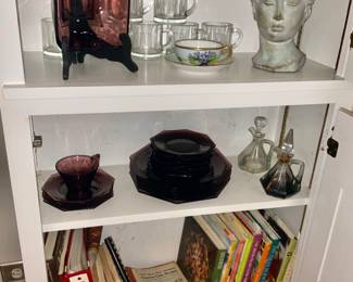 Hazel Atlas Amethyst Moroccan Octagon Purple Glass Dish Set , Cook Books ,  head vase 