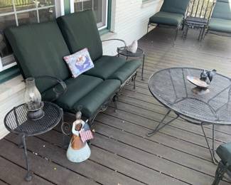 Wrought Iron, Patio Furniture w/ Cushions . Vintage Sofa / Love seat, Coffee table , Matching Arm Chair 
