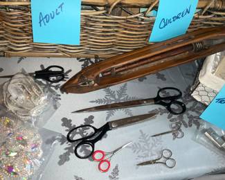 Sewing Shears, Sewing Scissors, Antique Weaving Shuttle. 