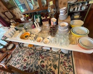 Pyrex bowls, milk glass, dishes