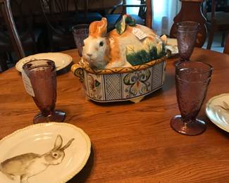 Rabbit played, tureen, amethyst colored glasses