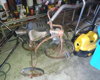 Antique tricycle . Antique cans DEWALT vacuum 