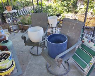 Large aluminum ladders . Vintage lawn Chairs 