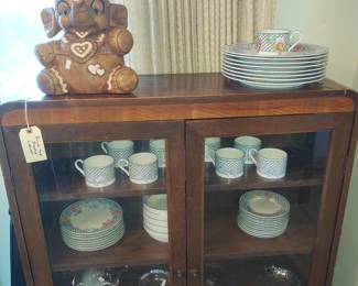 Sango Emerald garden dish set  Twin Winton cookie jar . Vintage wood display cabinet. Vintage glassware 