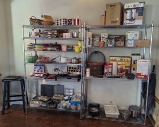 Kitchen wares - Mr. Coffee, pots and pans, Ninja mixer, baskets, serving trays. Several new and unused