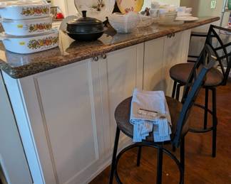Metal bar stools (2), misc dishes, serving ware