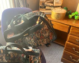 Oak desk, vintage sewing machine, desk chair luggage 