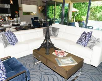 Z Gallerie leather sofa, velvet chairs and hardwood table.  The geometric cobalt pillows are down filled.