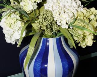 Beautiful striped ceramic vase with faux florals