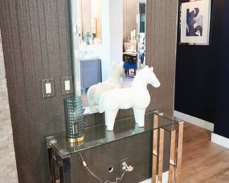 This mirror and hall table are from Z Gallerie & the trojan horse is courtesy of Jonathan Adler.  There are two hall tables and two mirrors available for sale. 