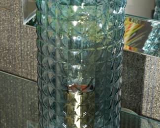Blue glass table lamp with brass base x 2
