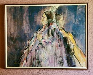 This Native American Western painting is about 5 feet by 3 feet. Gorgeous colors, framed, signed 