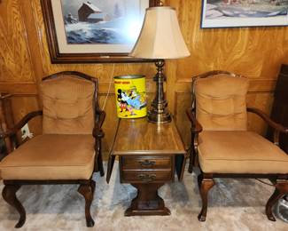 Pair of Oak Chippendale Arm Chairs - Drop Leaf Side Table - Brass Table Lamp
