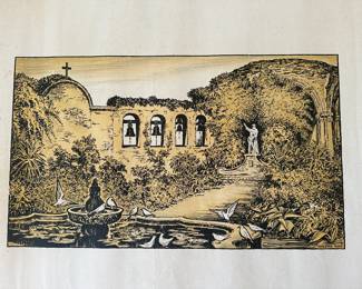 $100. San Juan Capistrano Mission woodblock print.