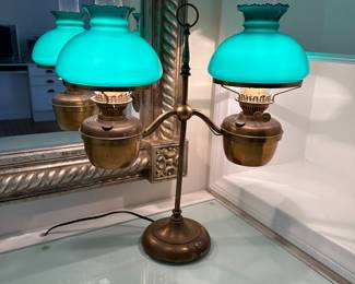 $75. Antique Student lamp electrified.
(1 broken cameo glass shade).