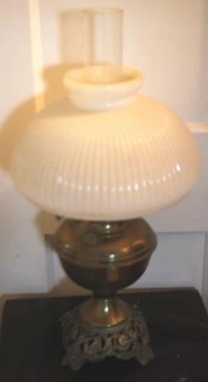 128 - Vintage lamp with milk glass shade, 21"
