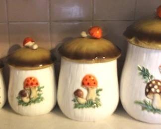 35 - Vintage Merry Mushrooms canister set 4 pc, 11", 9", 8", 7"

