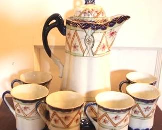 121 - Nippon vintage porcelain chocolate set 10" tall pot & 6 3" cups
