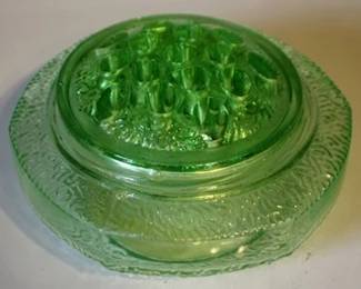 42 - Green Depression glass vase pot w/ frog 7" round
