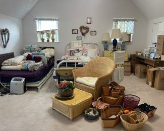 Medical bed, wicker furniture, and baskets
