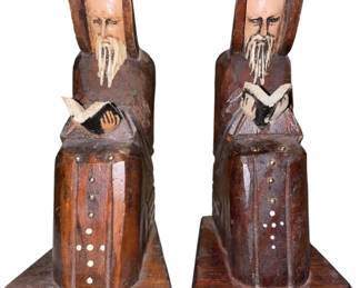 Hand Carved Wood Monk Priest Friar Bookends
