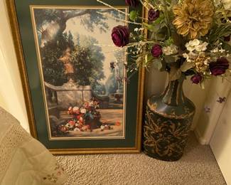 Decorative Floral Painting By Dugasseau And A Beautiful Arrangement Of Flowers In Tin Container