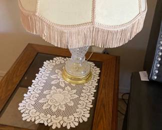 Square Wood Glass End Table And A Beautiful Glass Lamp