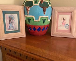 Two Small Degrazia Prints And An Artful Southwestern Pottery Vase