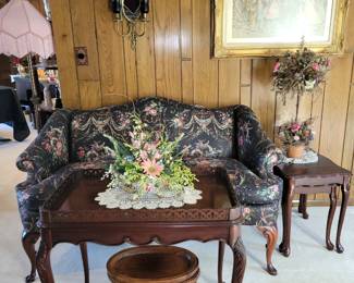 Antique settee, side tables