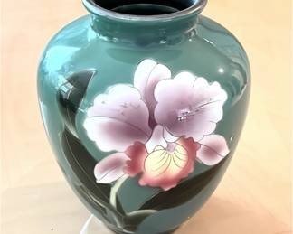 Green vase with pink flowers – $30