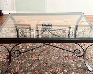 Glass top coffee table, sturdy iron frame – $120