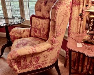 Pair of Wing Backs Chinoiserie Toile Fabric. 