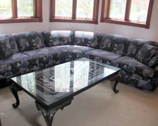 Krispins Sectional Sofa, Korean Mother of Pearl Black Lacquer Coffee Table