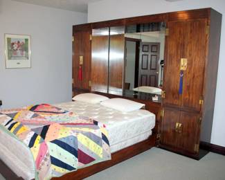 Henredon Asian Style Queen Bed with Wall Unit Headboard & Matching Dresser