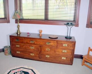Henredon Asian Style Queen Bed with Wall Unit Headboard & Matching Dresser