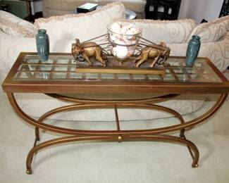 MCM Brass Sofa Table, Elephant Centerpiece