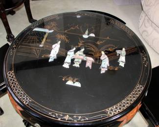 Schnadig Sofa, Carved Black Lacquer Table with 4 Stools