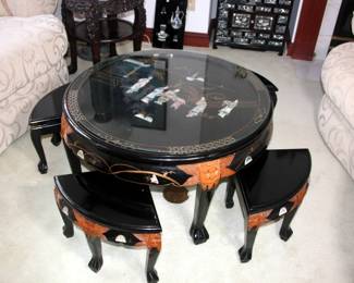 Carved Black Lacquer Table with 4 Stools