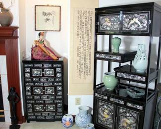 Korean Mother of Pearl Black Lacquer Cabinet, Korean Mother of Pearl Black Lacquer Etagere