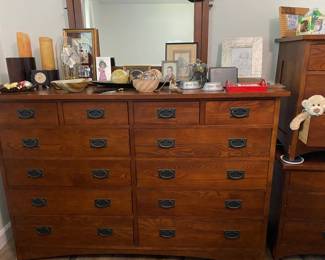 Solid Wood Chest, 13 drawers, matching end tables by Durham furniture with attached mirror