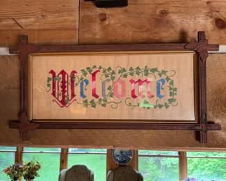 Victorian punch paper motto sampler ' Welcome' minor foxing of paper in Adirondack frame 14" x 26"