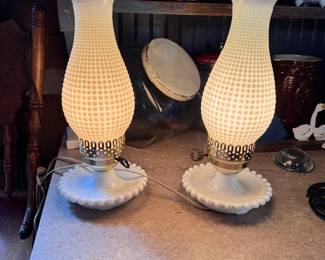 Pair of milk glass electric lanterns with candlewick base 12"H
