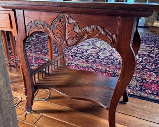 Oak library/entry table with carved leaf skirting 28"H x 29"L x 21"W